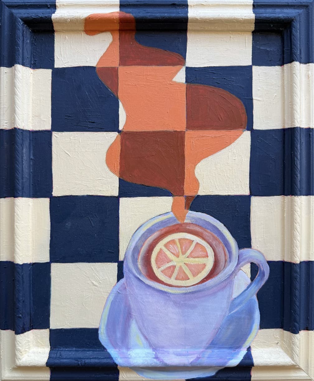 A lavender teacup with a slice of lemon on a navy and cream checkerboard, its steam rising in blocks of orange and rust over the frame’s molding.