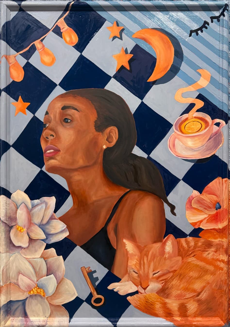 A woman gazes upward against a navy and grey diamond checkerboard, surrounded by orange stars, a crescent moon, string lights, a cup of lemon tea, magnolias, a key and a sleeping orange cat.