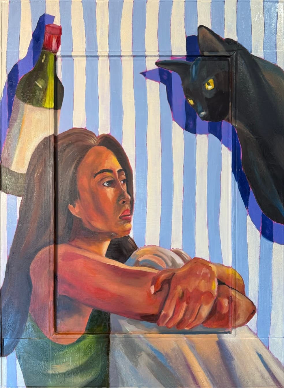 A woman rests her chin on folded arms beside a wine bottle while a black cat looms over her against periwinkle and cream stripes.