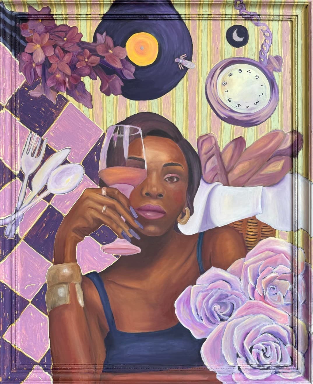 A woman holds a glass of rosé over one eye against lilac stripes and a purple checkerboard, with a vinyl record, pocket watch, flowers, cutlery, baguettes and lavender roses.