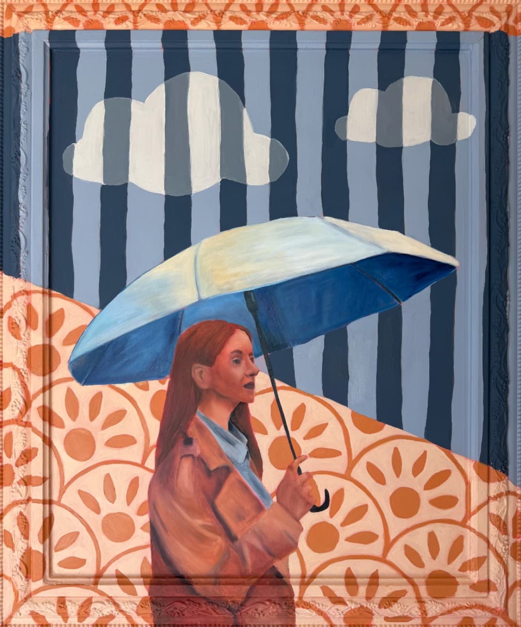 A red-haired woman in a trench coat holds a blue umbrella beneath striped clouds, above a peach and orange scalloped flower pattern.