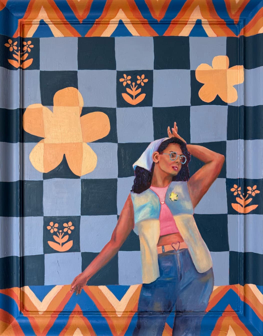 A woman in blue glasses and a headscarf poses against a navy and periwinkle checkerboard with peach flowers, framed by orange and blue chevrons.